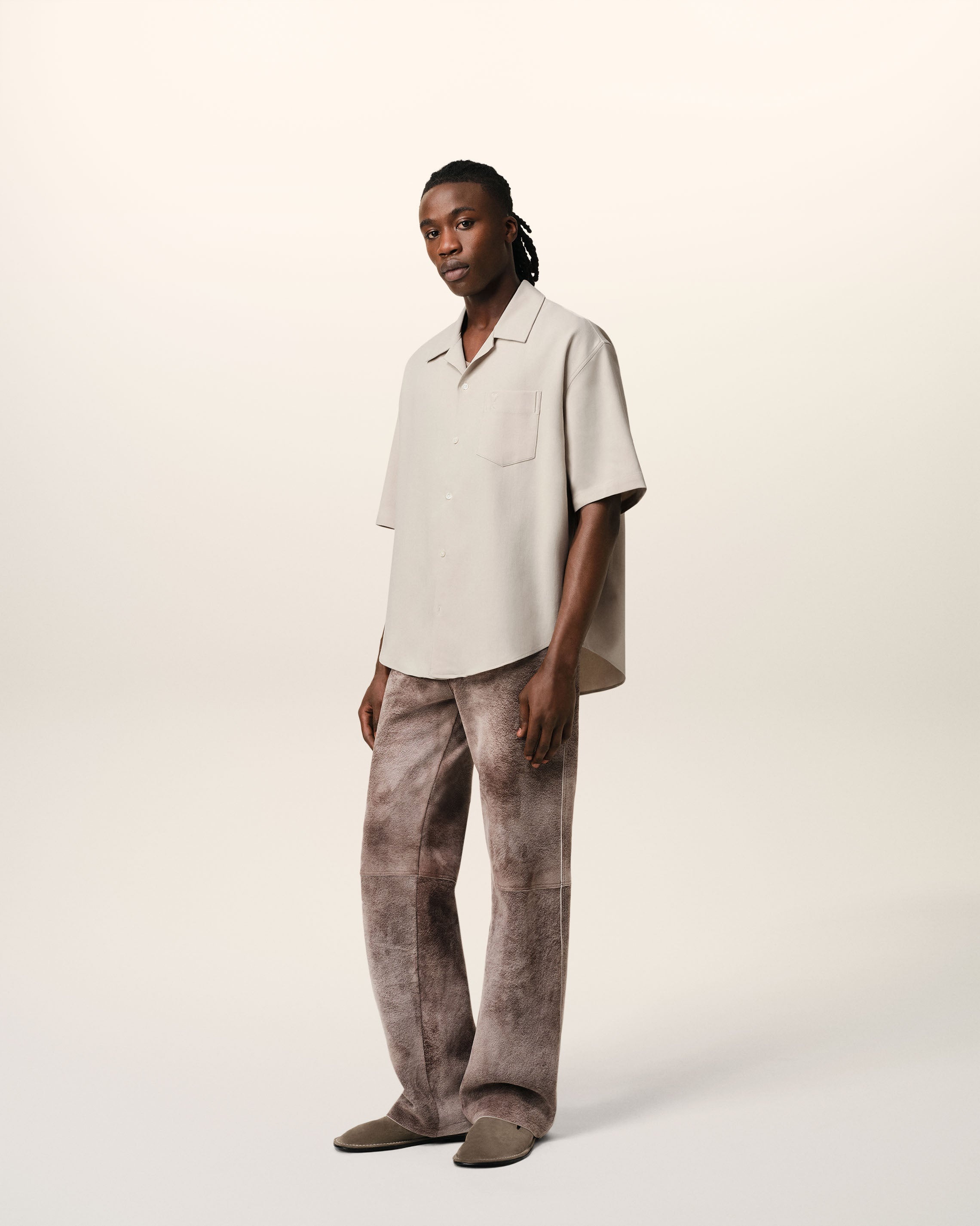 BEIGE COTTON CAMP COLLAR SHORT SLEEVES SHIRT - 6