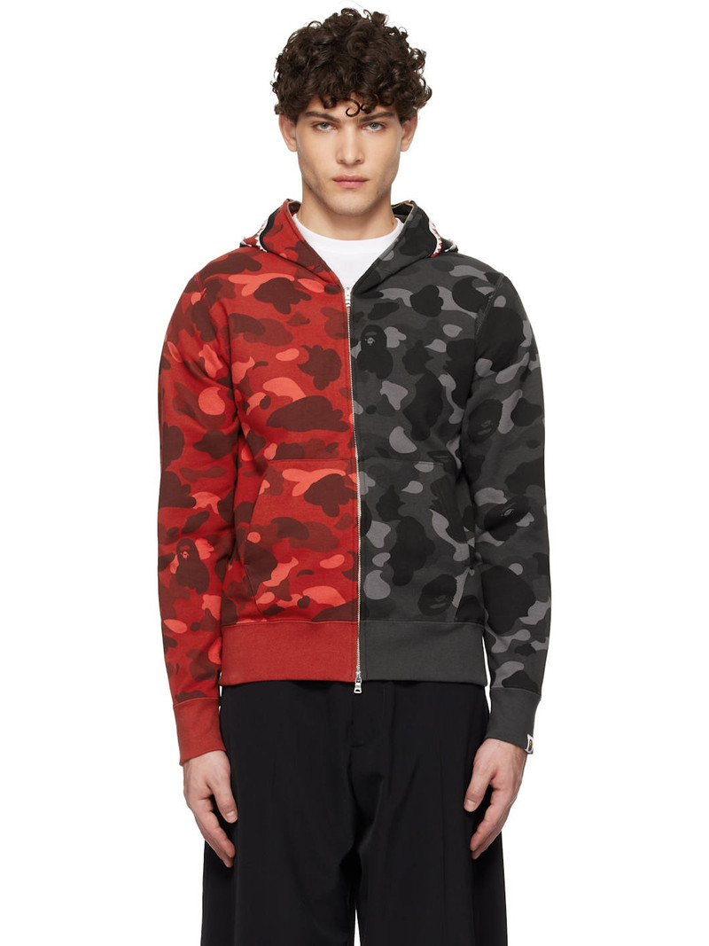 Red & Black Color Camo Separate Shark Full Zip Hoodie - 1