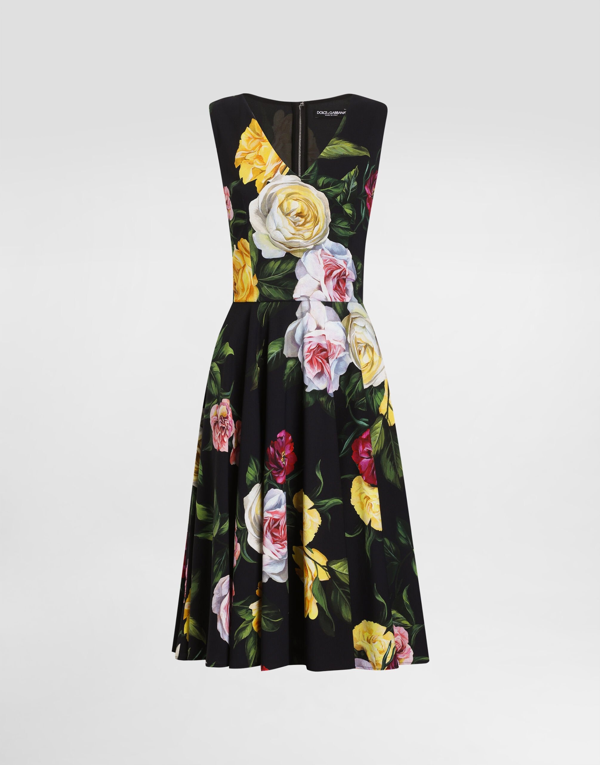 Peony and rose-print cady calf-length dress with circle skirt - 1