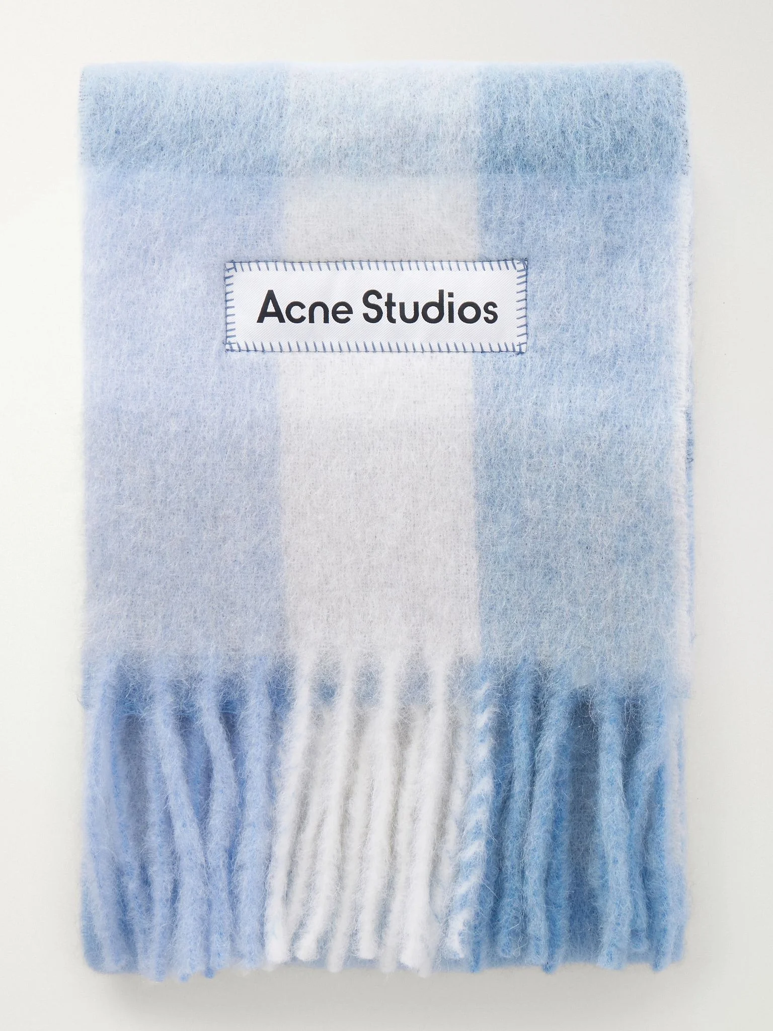 Fringed checked brushed-knit scarf Light blue - 1