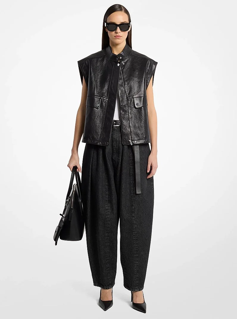 Oversized Washed Leather Vest - 1