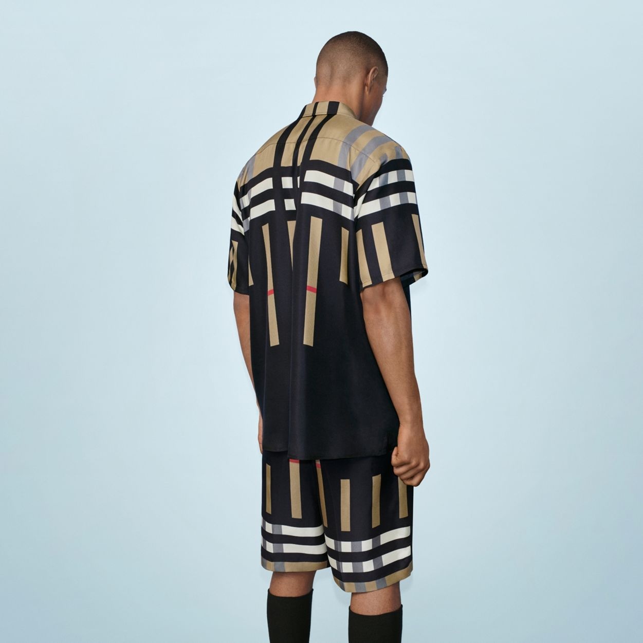 Short-sleeve Sliced Check Print Silk Shirt - 6