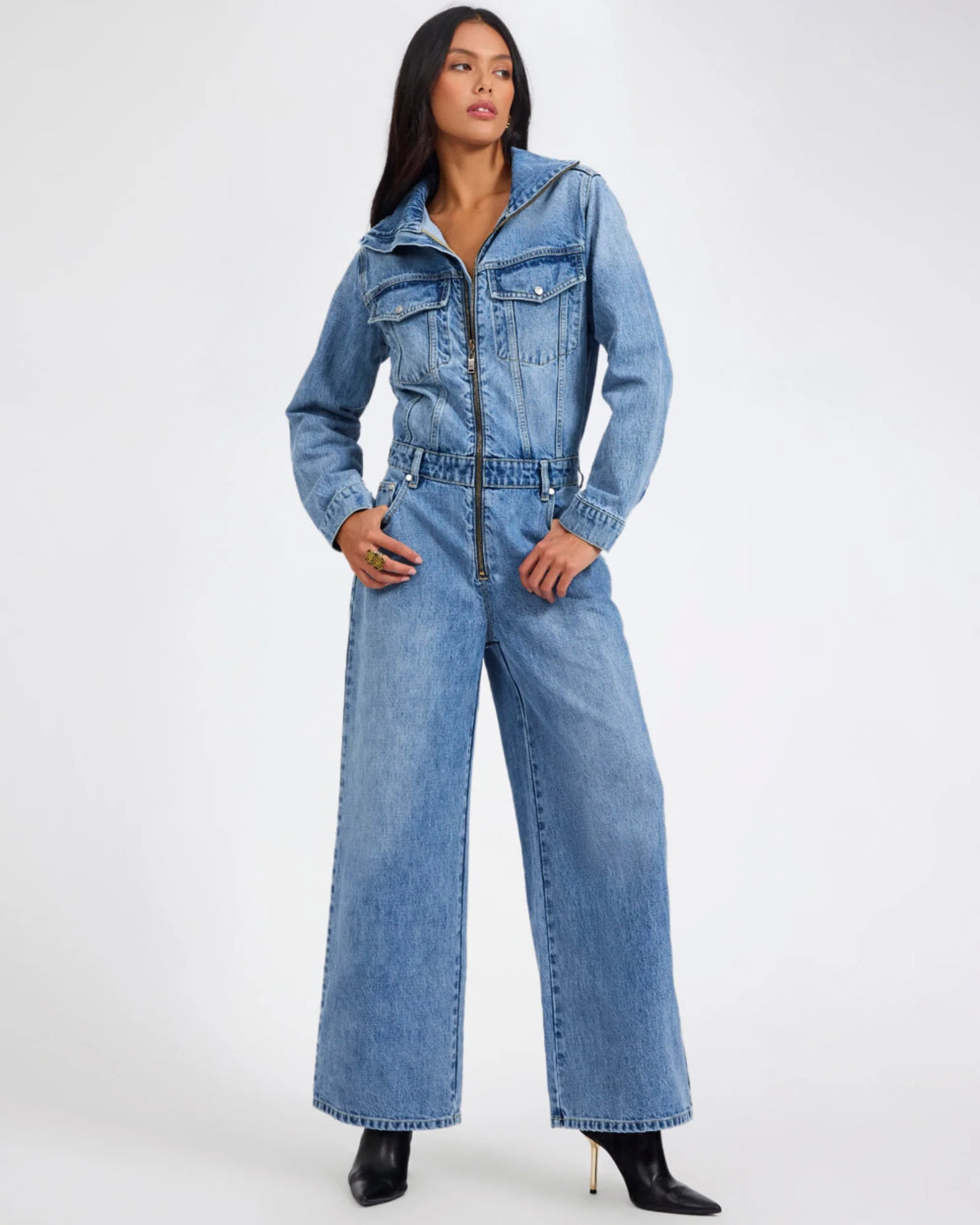 Charli Wide Leg Aviator Denim Jumpsuit - Pretty Blue - 1