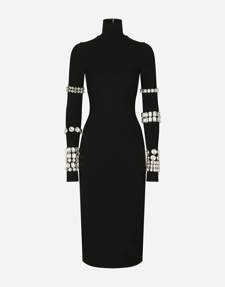 Calf-length dress in jersey Milano rib with rhinestones - 1