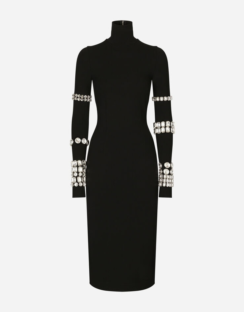 Calf-length dress in jersey Milano rib with rhinestones - 1