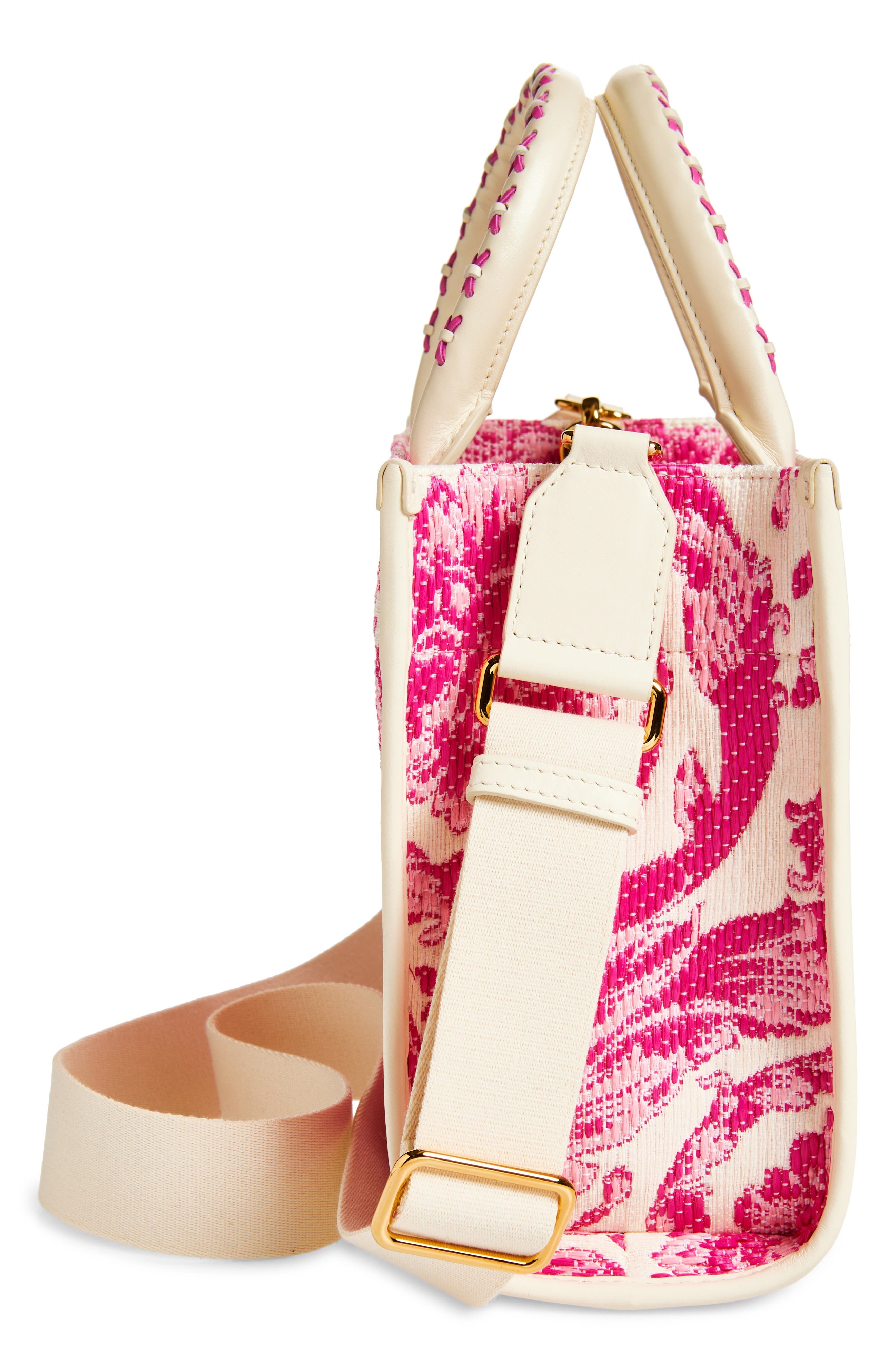 Versace Small Barocco Raffia Tote in Eggshell Dragon Fruit at Nordstrom - 6
