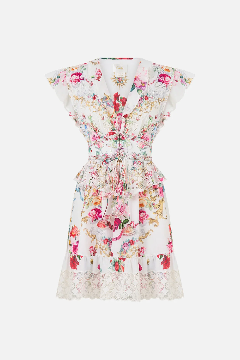 WAISTED SHORT DRESS WITH RUFFLE DETAILS - 1
