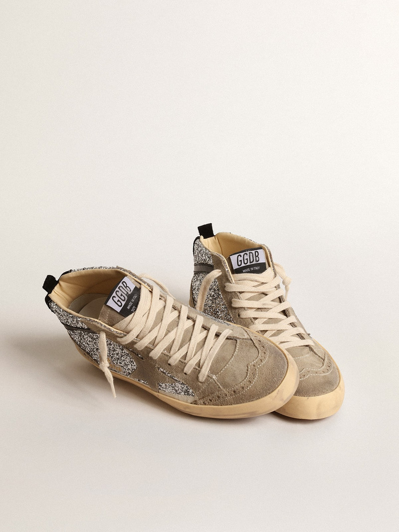 Golden Goose Mid Star in silver glitter with suede star and black flash outlook