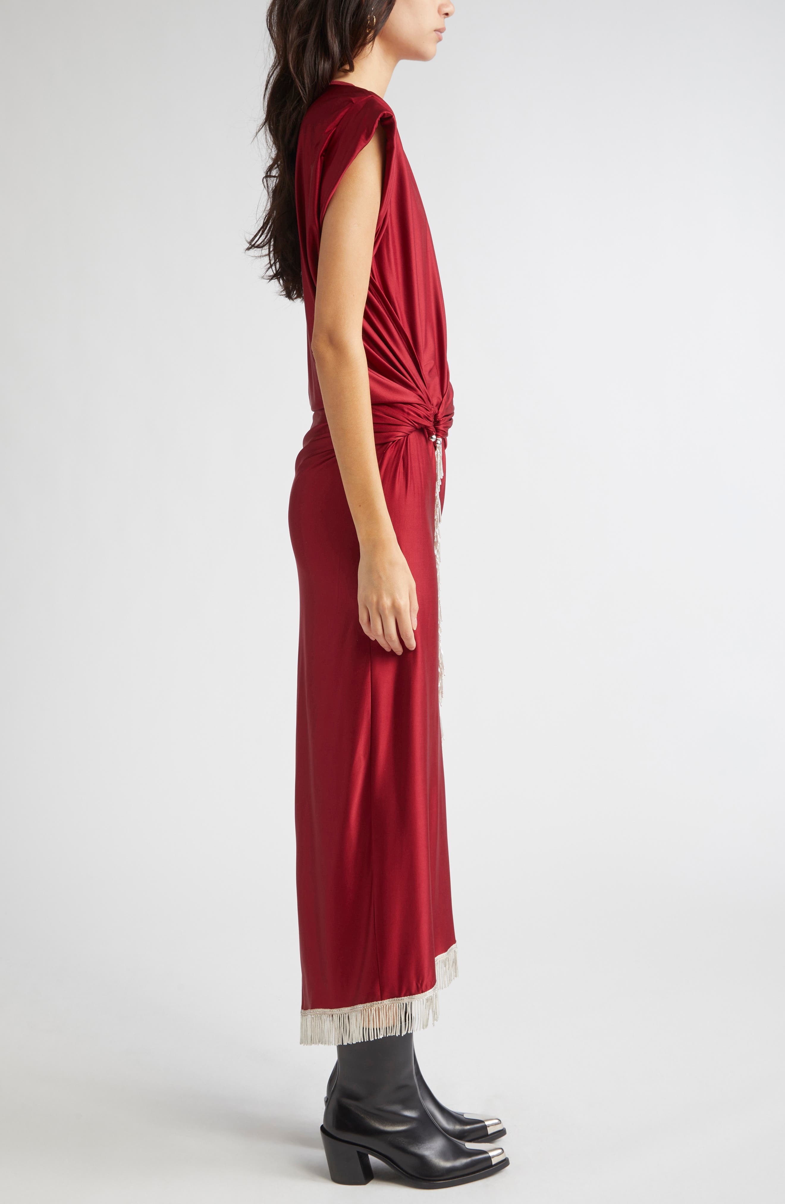 Rabanne Piercing Fringe Asymmetric Jersey Dress in Ruby Red at Nordstrom - 3