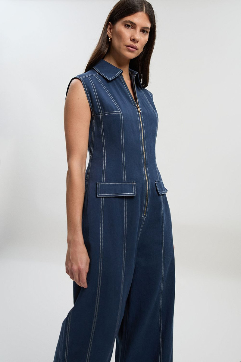 KAREN MILLEN Tall Tencel Cotton Contrast Stitch Zip Front Woven Jumpsuit outlook