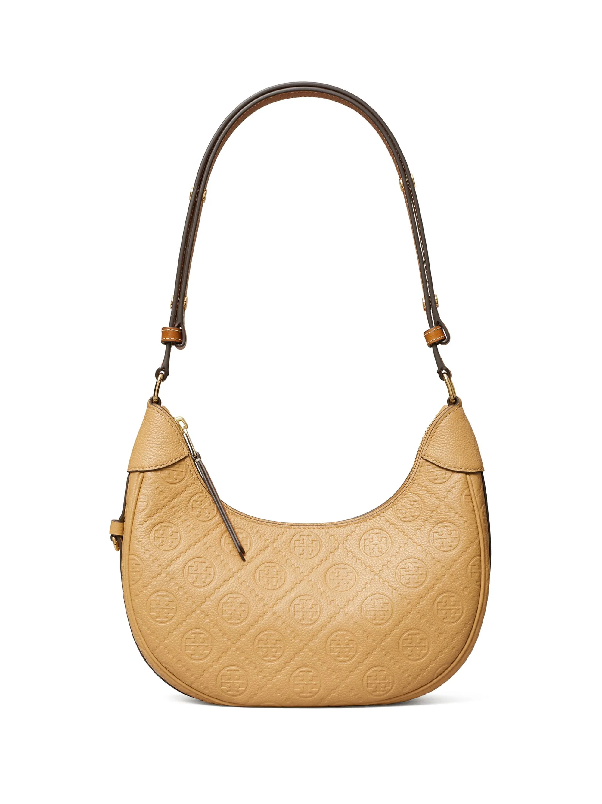 Women's T Monogram Pebble Leather Shoulder Bag - Biscotti - 1