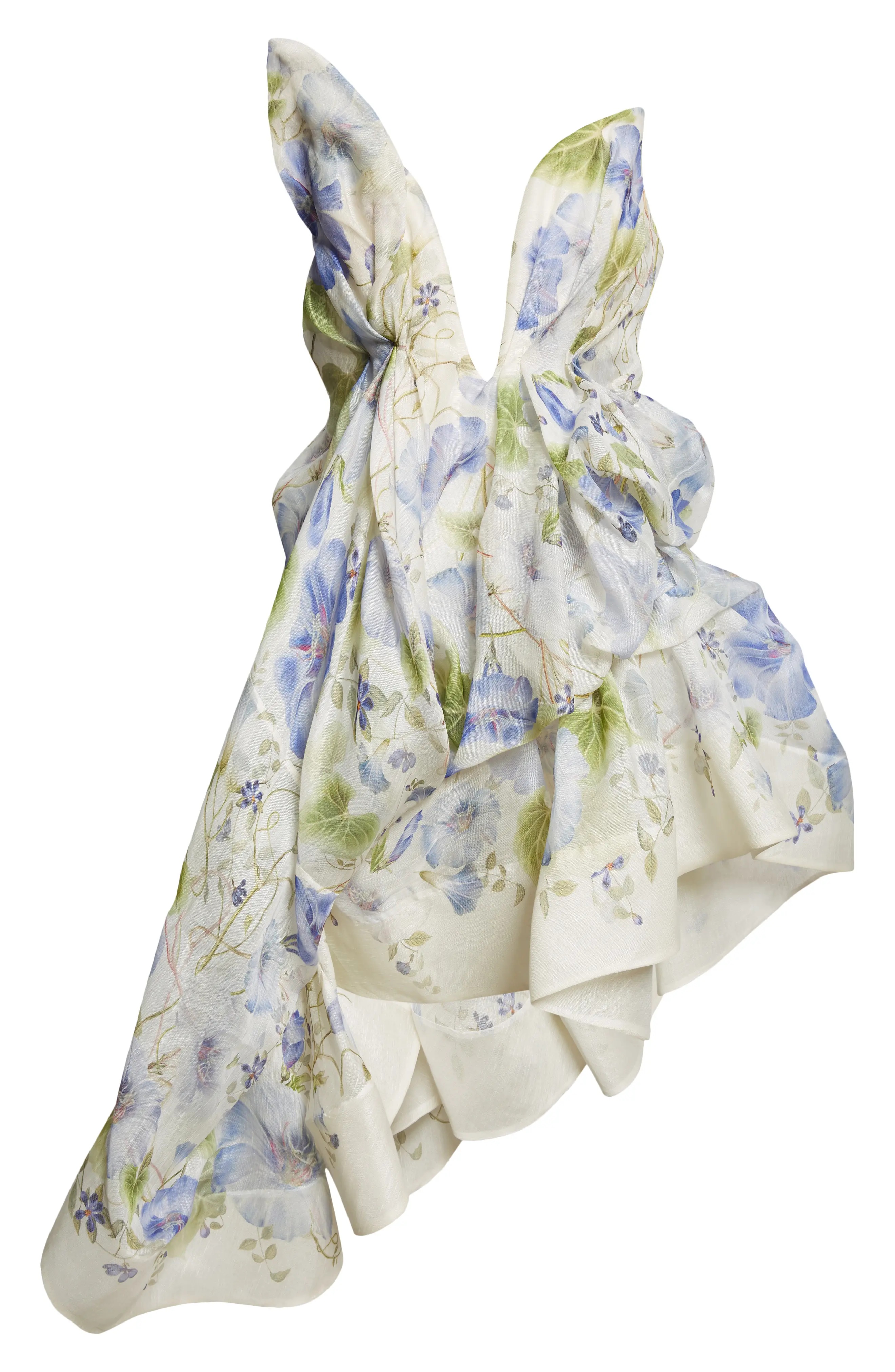 Natura Floral Asymmetric Strapless Linen & Silk Dress in Cream/Blue Floral - 5