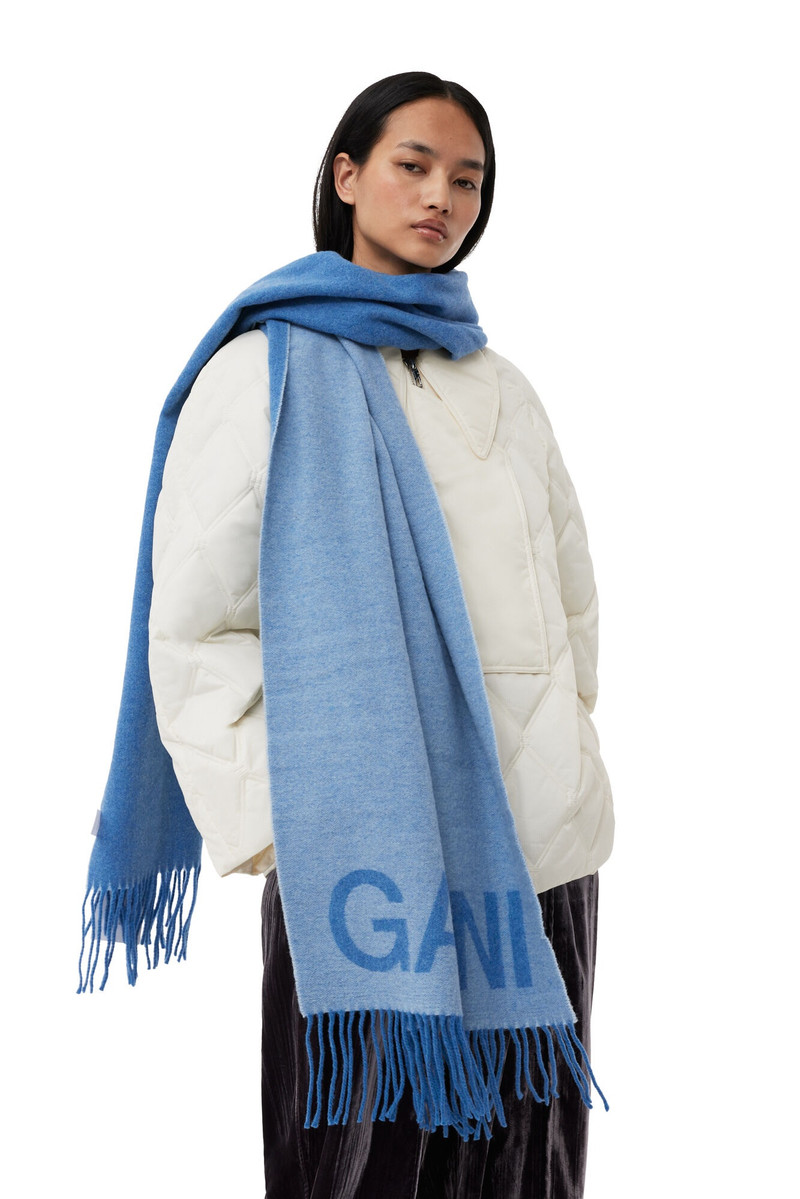 GANNI LIGHT BLUE WOOL FRINGED SCARF outlook