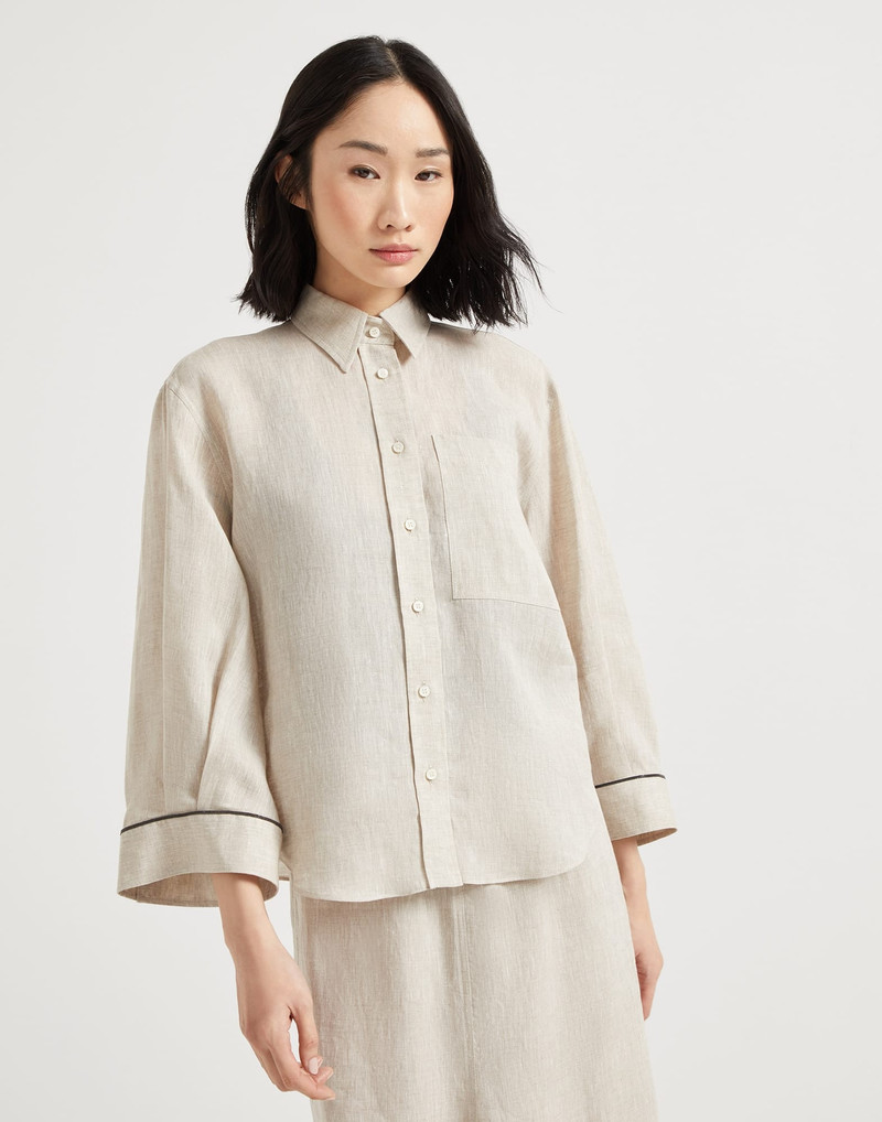 Lightweight linen cropped shirt with shiny cuffs 1