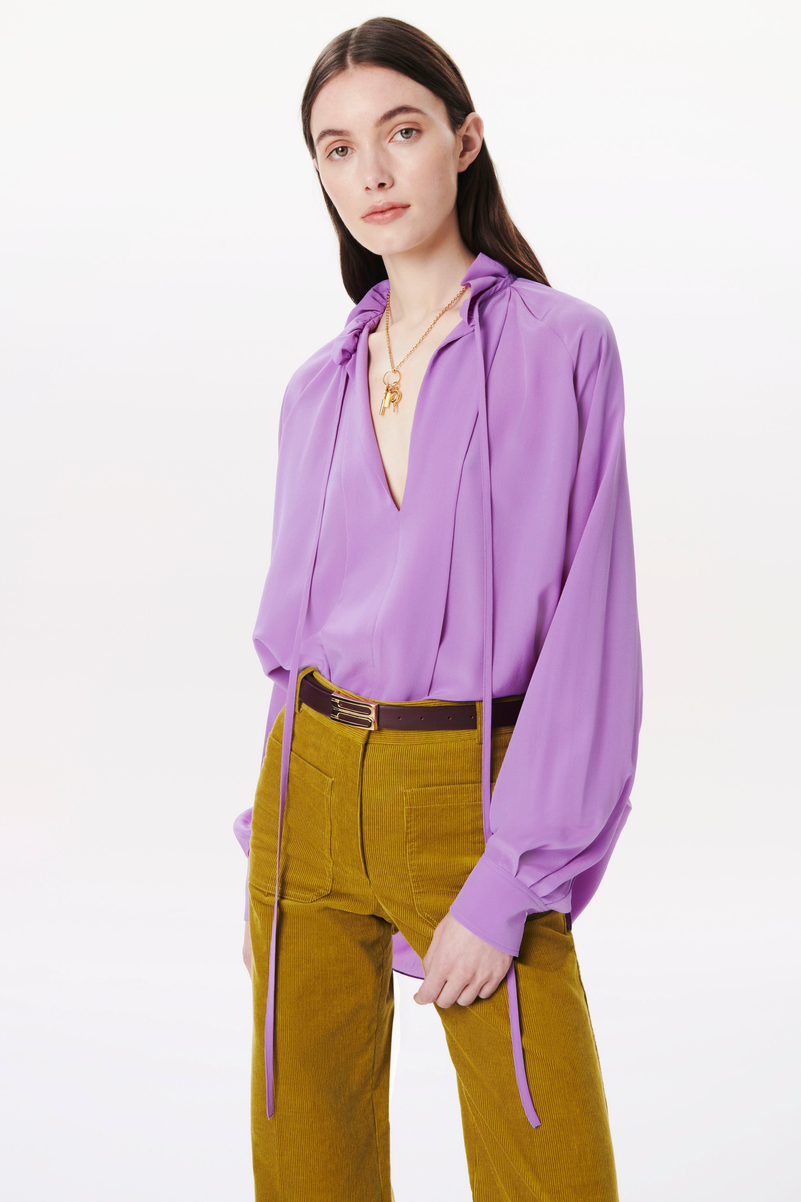 Ruched-neck Blouse in Purple - 3