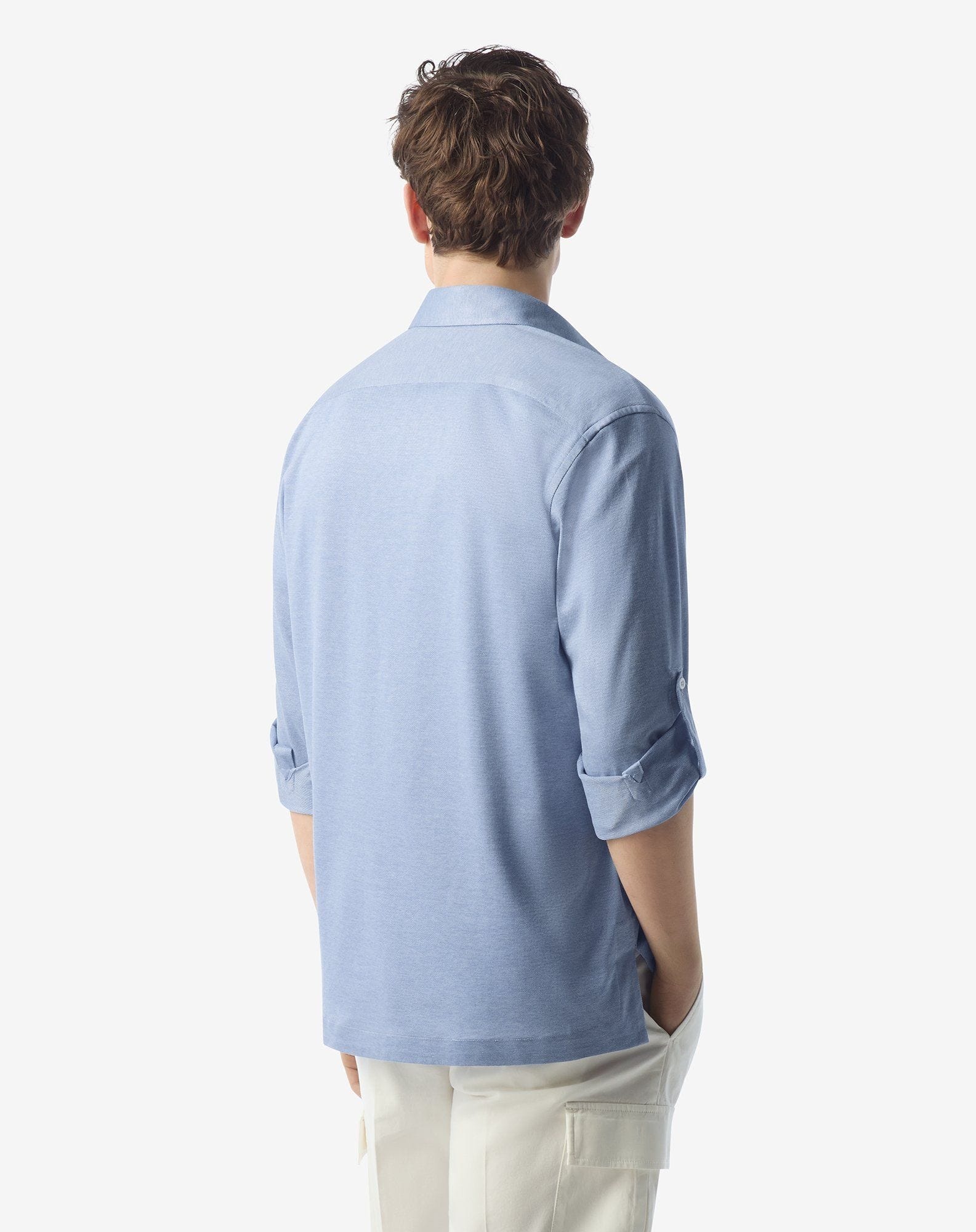 Light blue cotton and silk jersey shirt with micro pique - 3