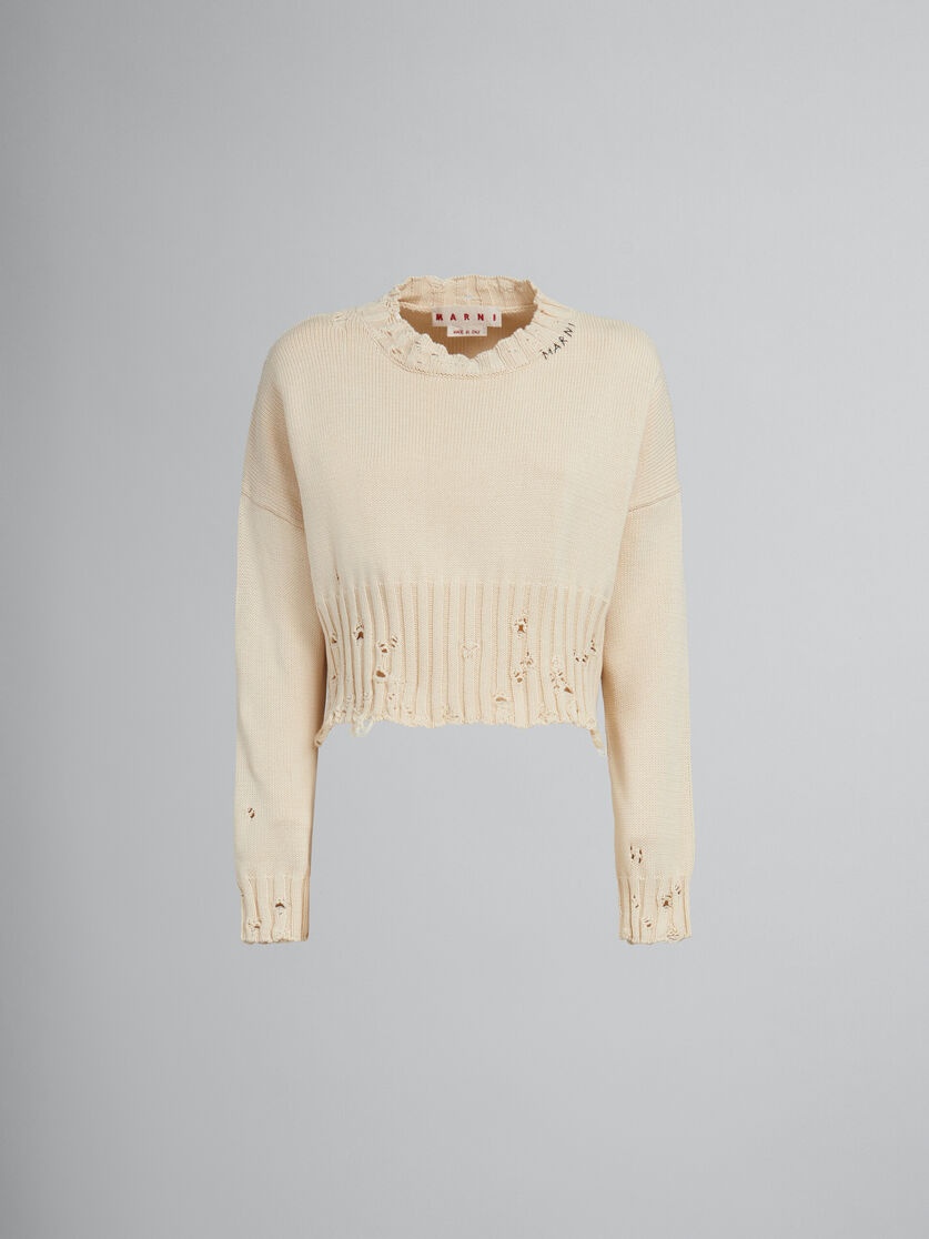 WHITE COTTON CROPPED SWEATER - 1