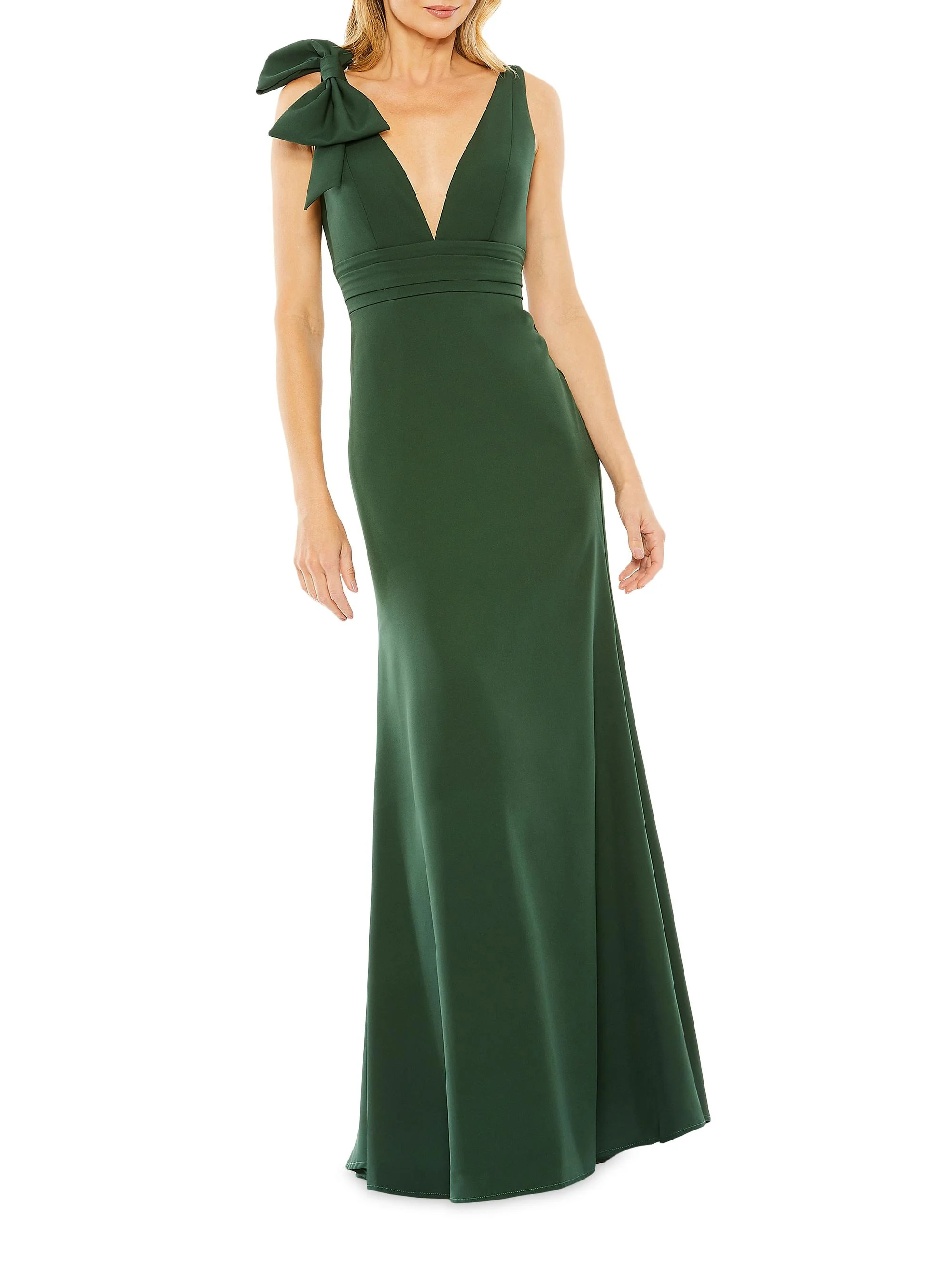 Women's Bow V-Neck A-Line Gown - Emerald - 1