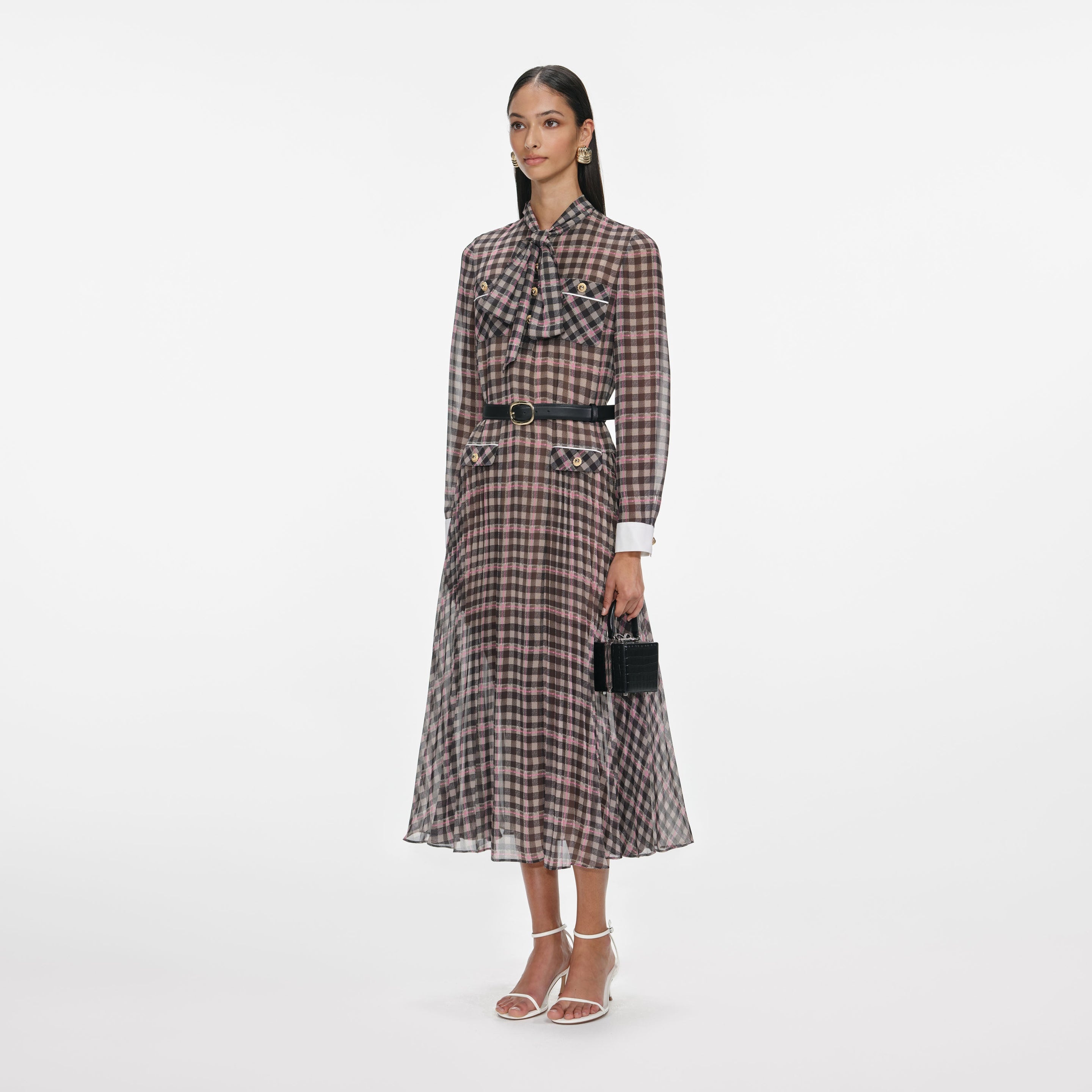 Brown Check Chiffon Midi Dress - 2