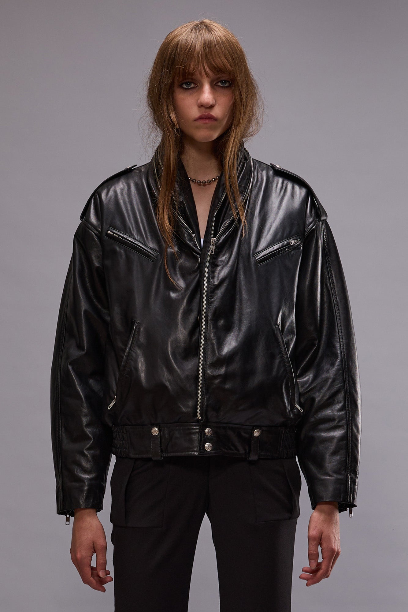 ZIP COLLAR MOTORCYCLE JACKET - BLACK - 2