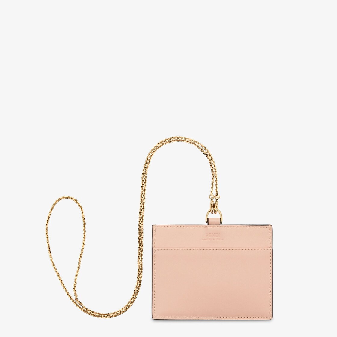 Fendi Roma name badge with a flat pocket and metal chain. Made of pink leather. Gold-finish metalwar - 2