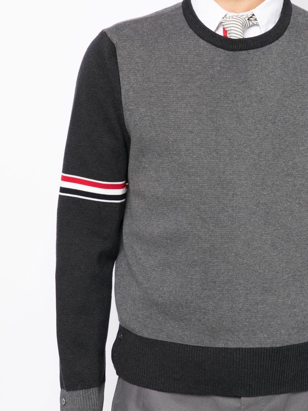 THOM BROWNE Men Fun Mix Striped Arm Crewneck Paneled Sweater - 4