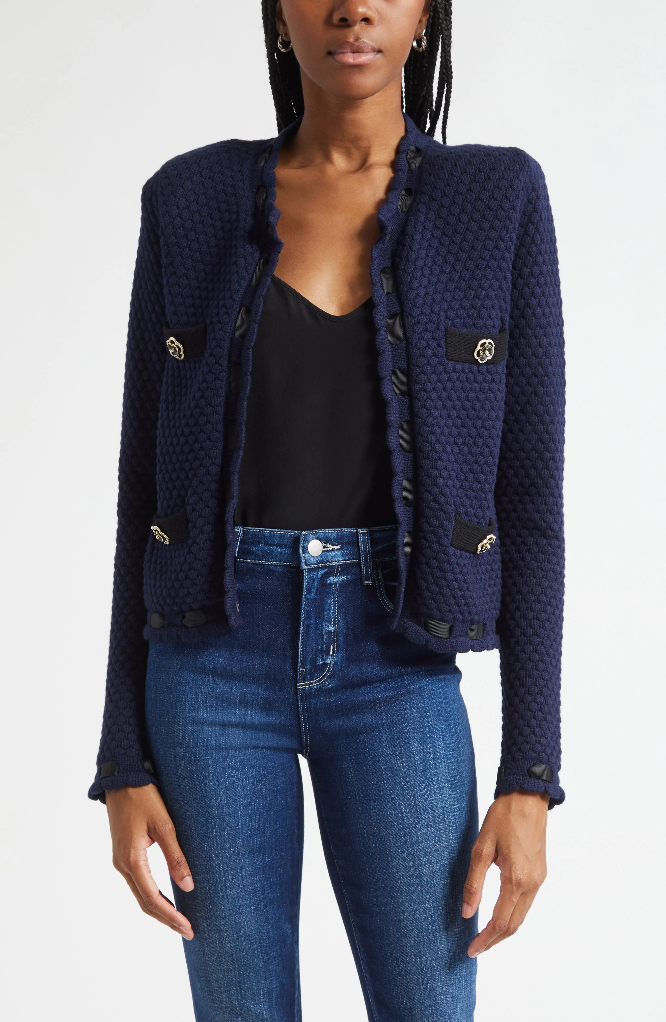 L'AGENCE Astor Contrast Trim Cardigan in Midnight/Black at Nordstrom - 1