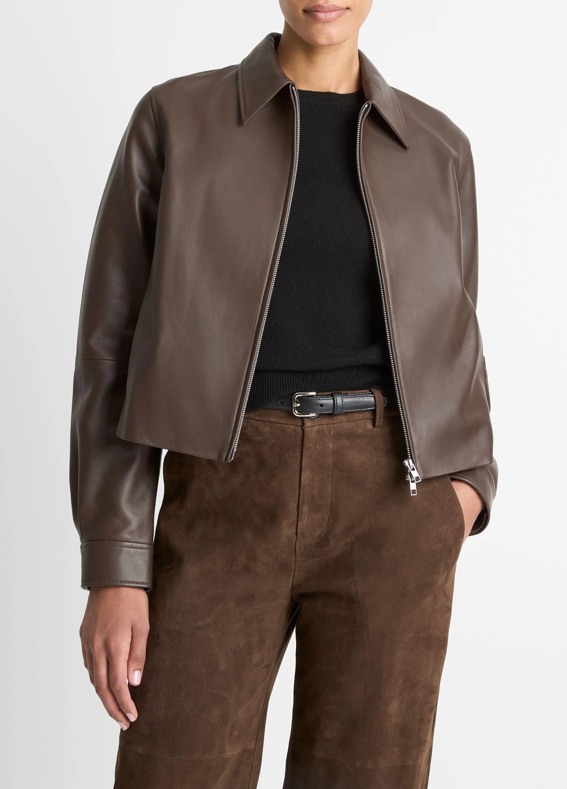 Leather Cropped Zip-Front Jacket - 1
