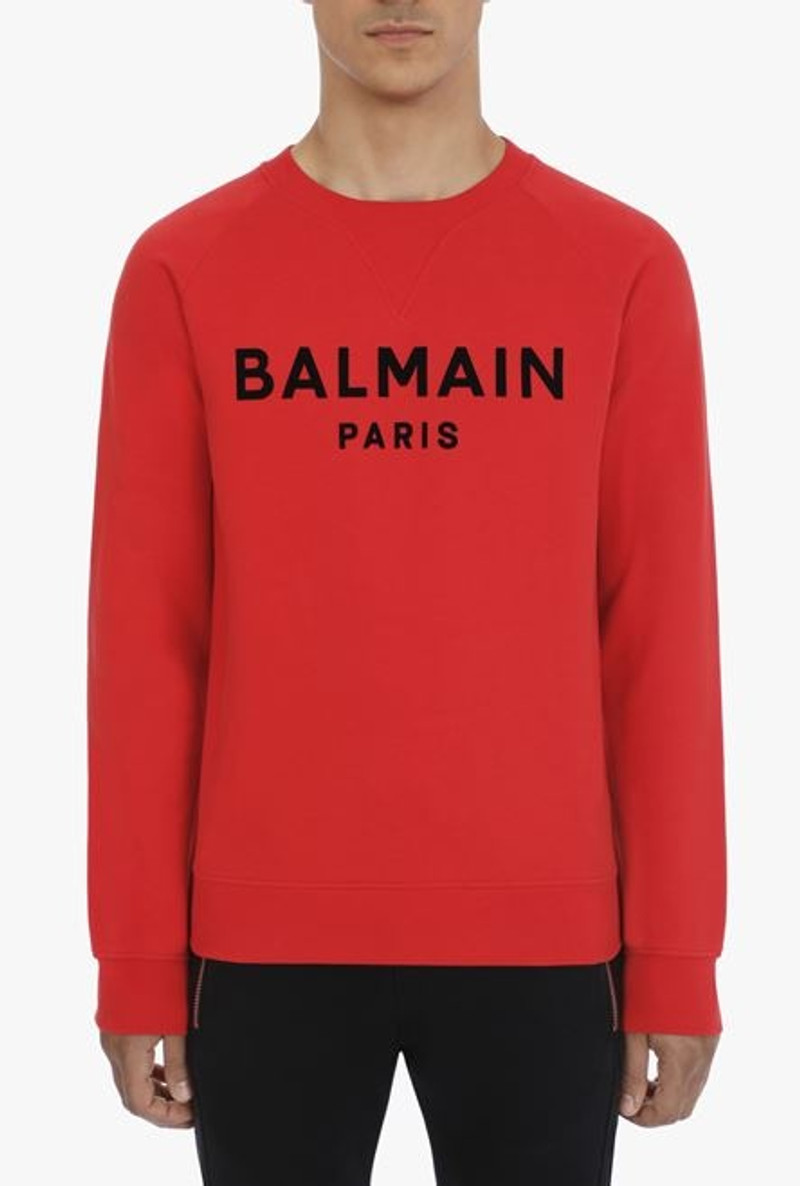 Red cotton sweatshirt with black velvet Balmain logo 5