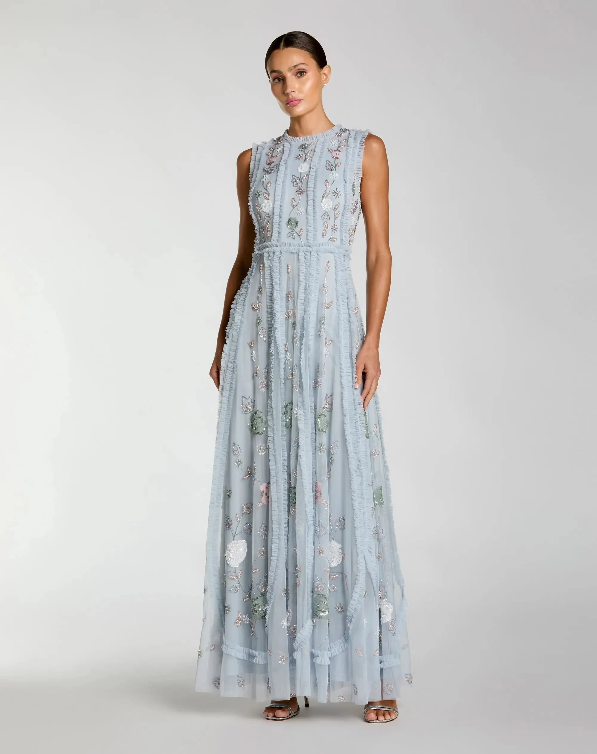 Blue Floral Mesh Sleeveless A Line Micro Ruffle Gown - 1