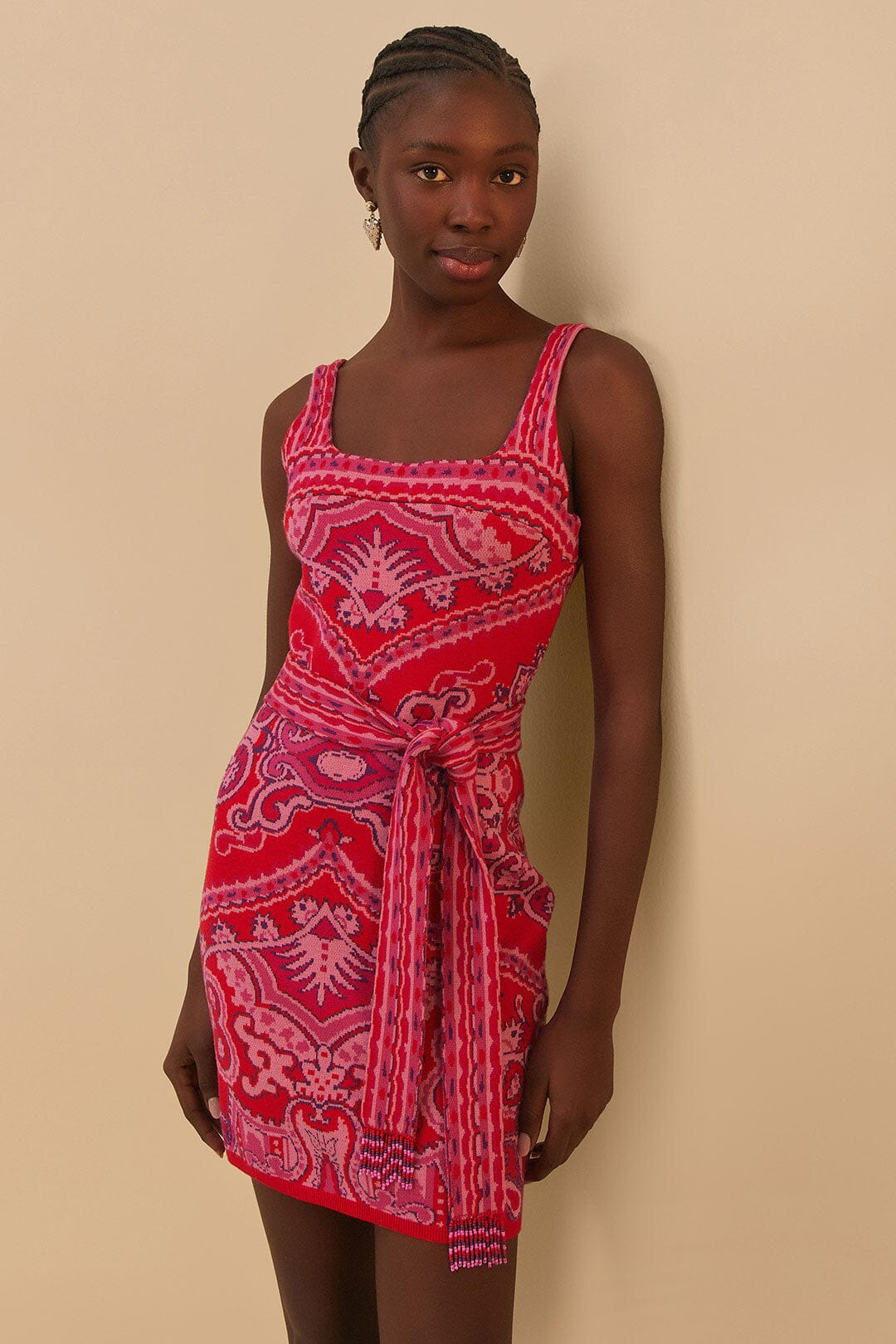 Red Paisley Scarf Knit Mini Dress - 1