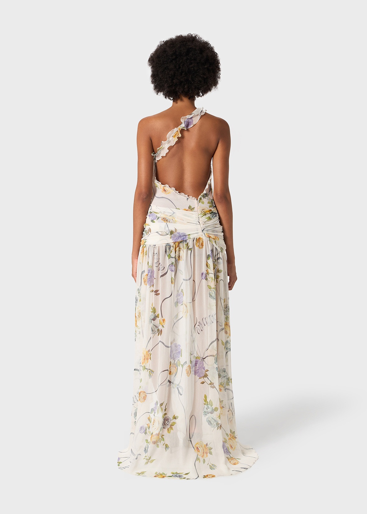 ONE-SHOULDER DRESS IN CREPONNE WITH RUFFLED ROSE DECORATION - 4