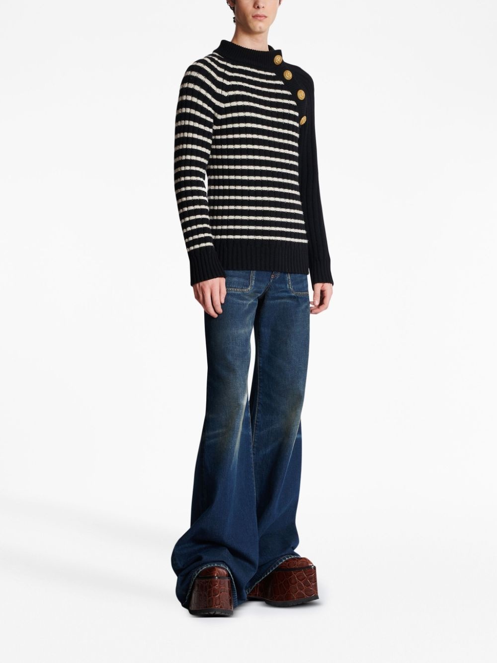 embossed-button striped jumper - 2