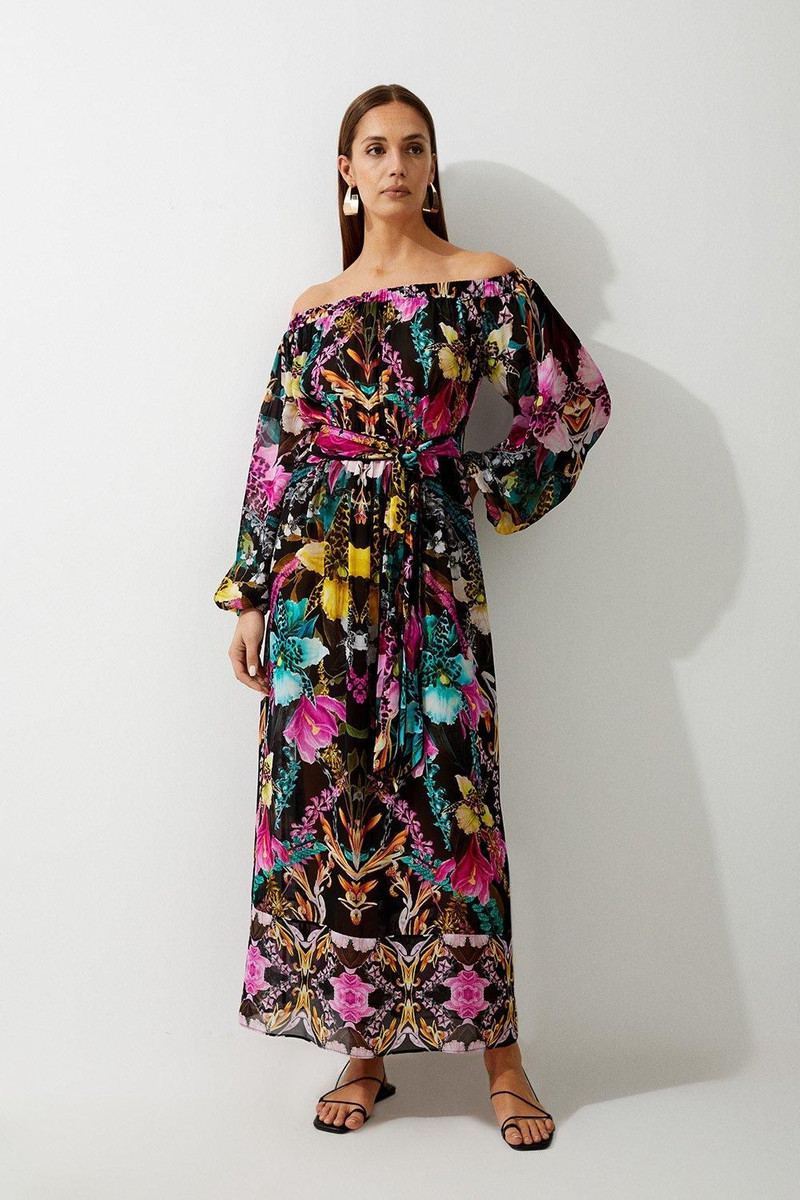 Mirrored Tropical Viscose Georgette Bardot Beach Maxi Dress 1