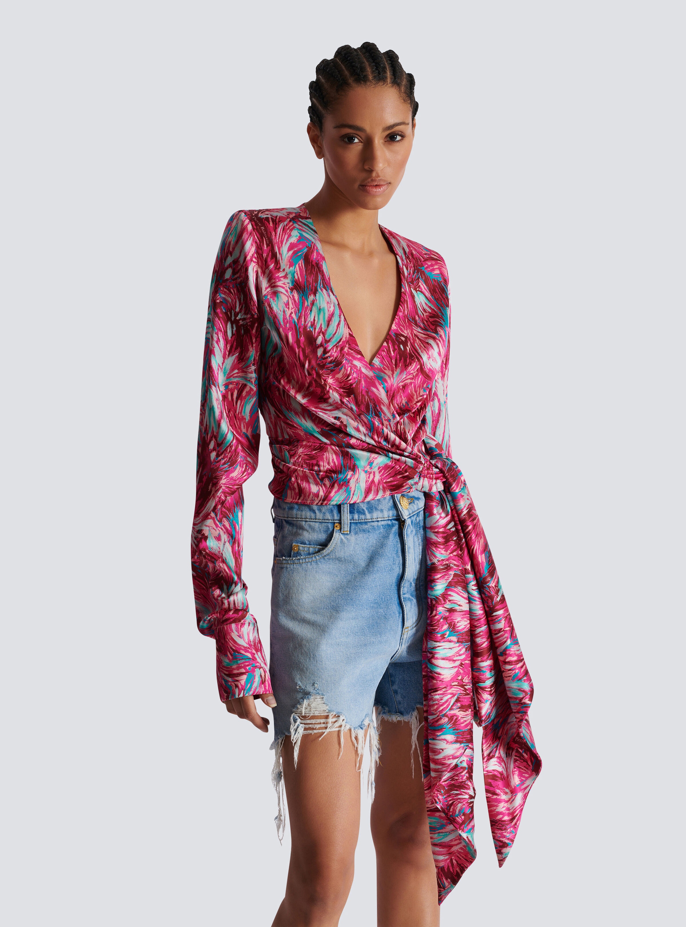 Feather print satin wrap blouse - 6
