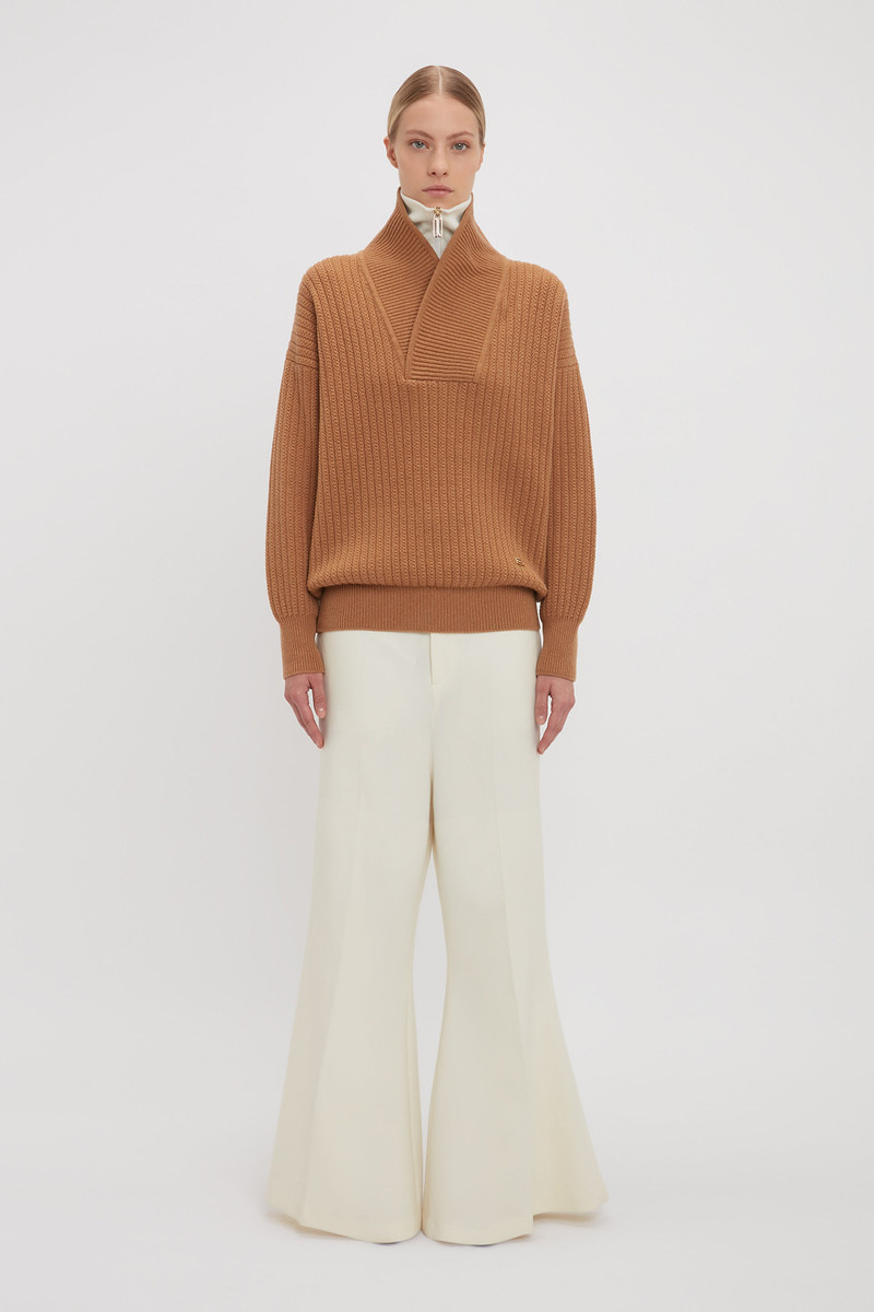 Victoria Beckham Shawl Neck Knitted Jumper In Camel outlook