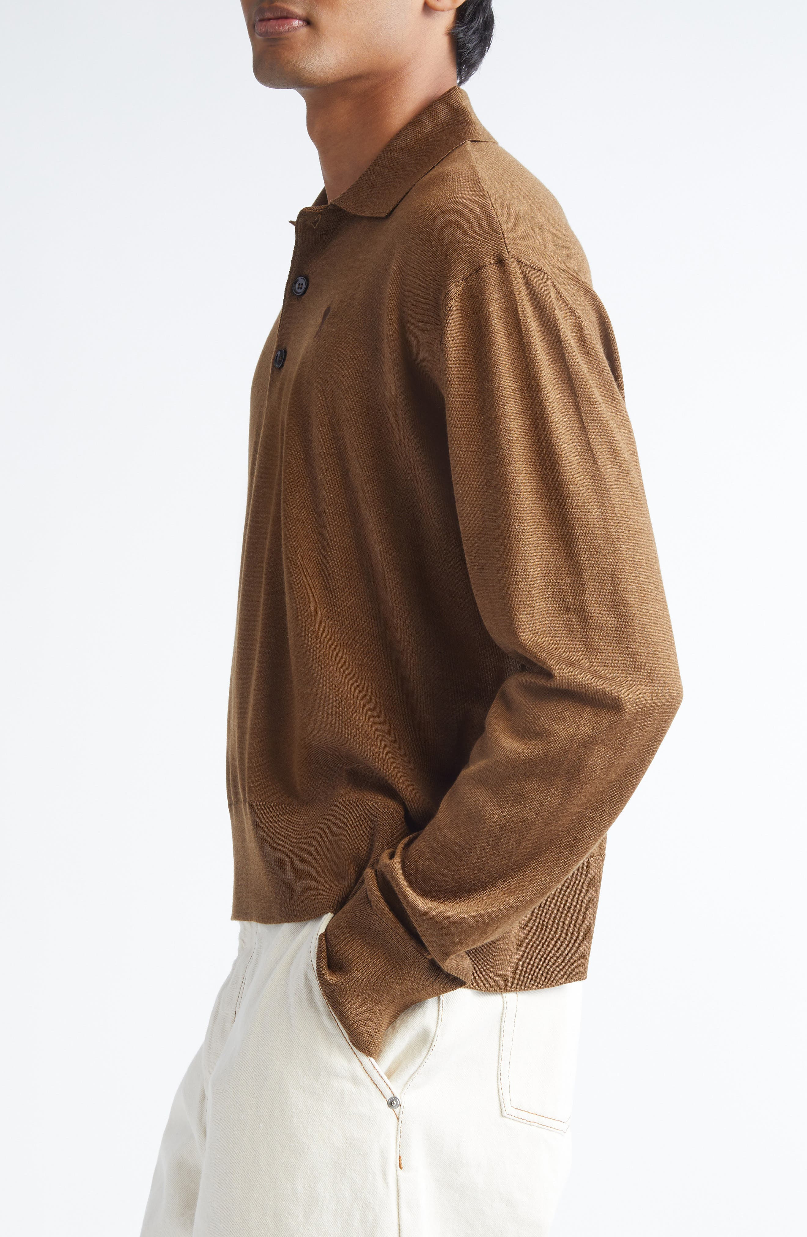 AMI PARIS Ami de Coeur Wool & Silk Polo Sweater in Hazelnut at Nordstrom - 3