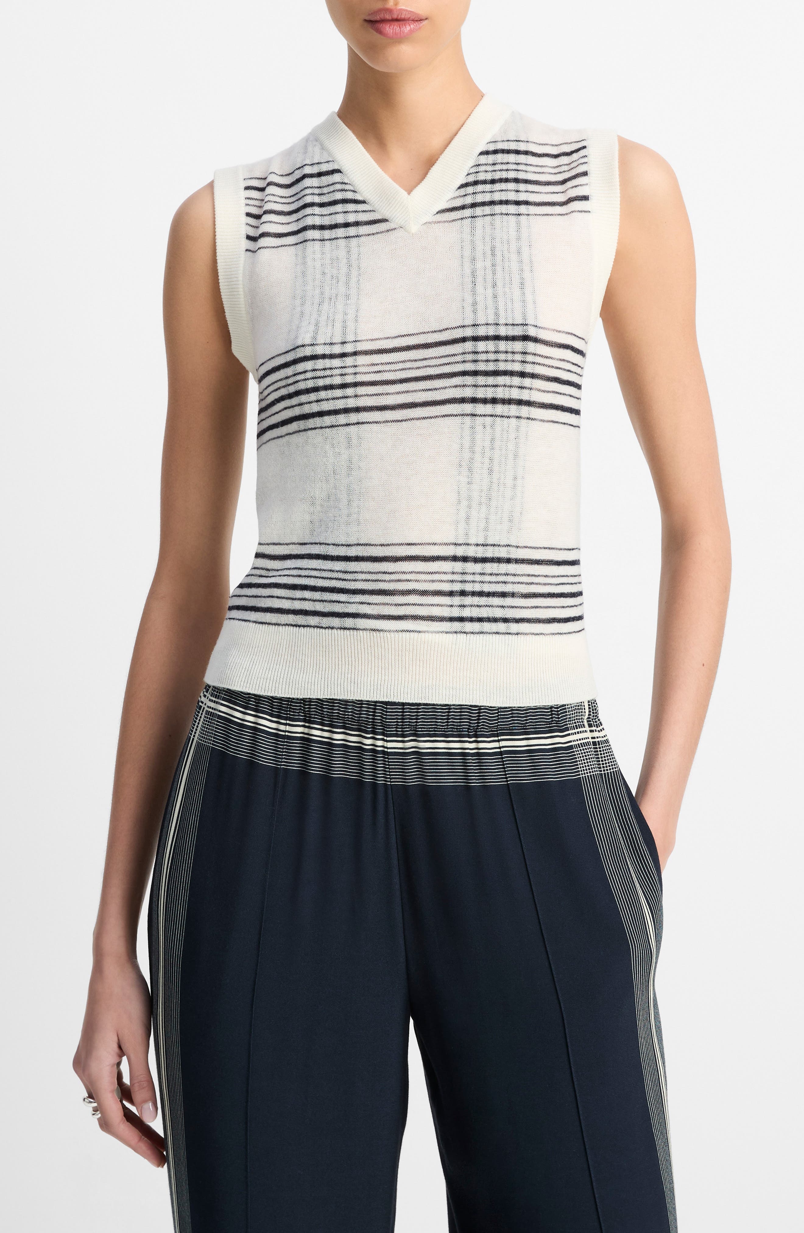 Vince Plaid V-Neck Wool Sweater Vest in Off White/coastal at Nordstrom - 1