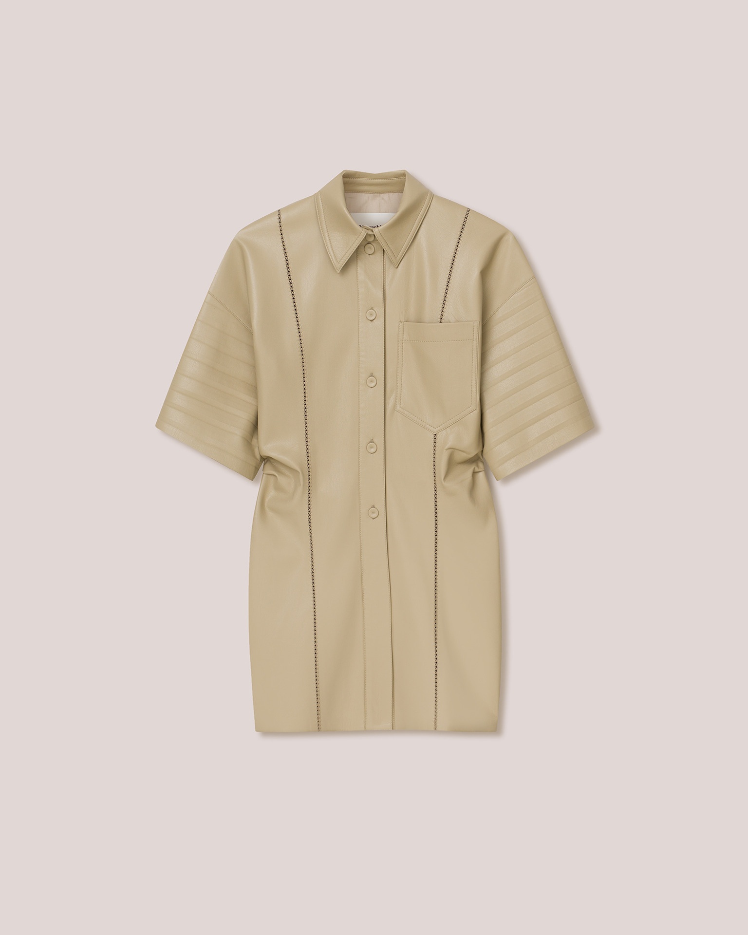 TAYA - Vegan leather corrugated effect short sleeve shirt - Pebble - 1
