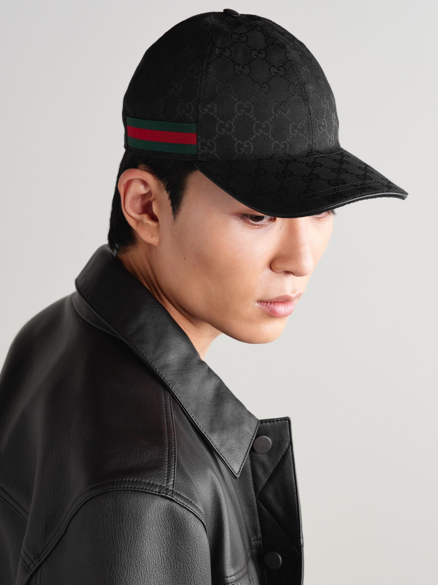 Webbing-Trimmed Monogrammed Canvas Baseball Cap Black - 2