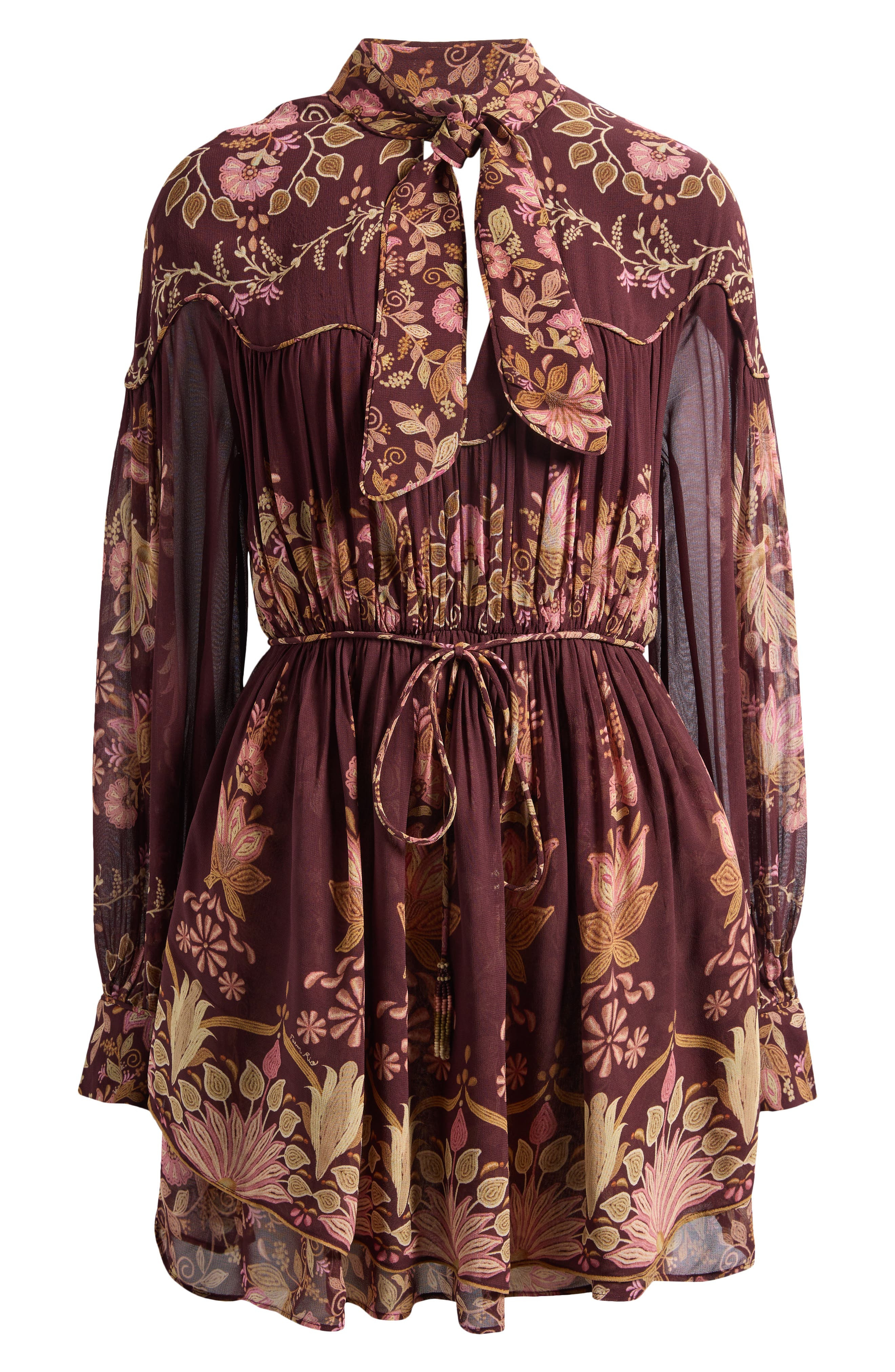 FARM Rio Bella Floral Long Sleeve Minidress in Burgundy at Nordstrom - 5