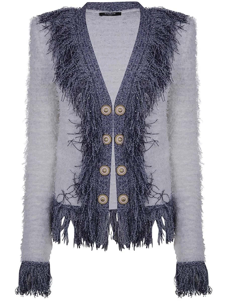 Balmain Collarless Glittered Fringed Tweed Jkt Clothing - 1