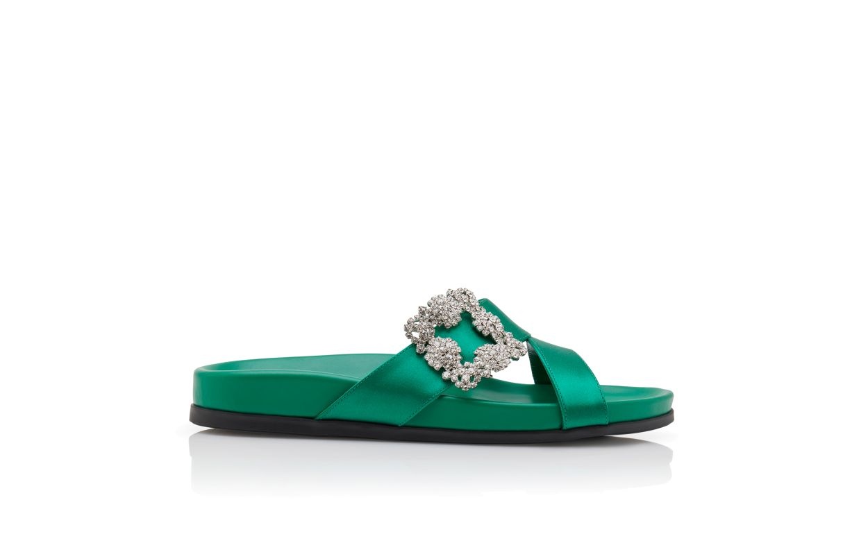 Green Satin Jewel Buckle Flat Mules - 1