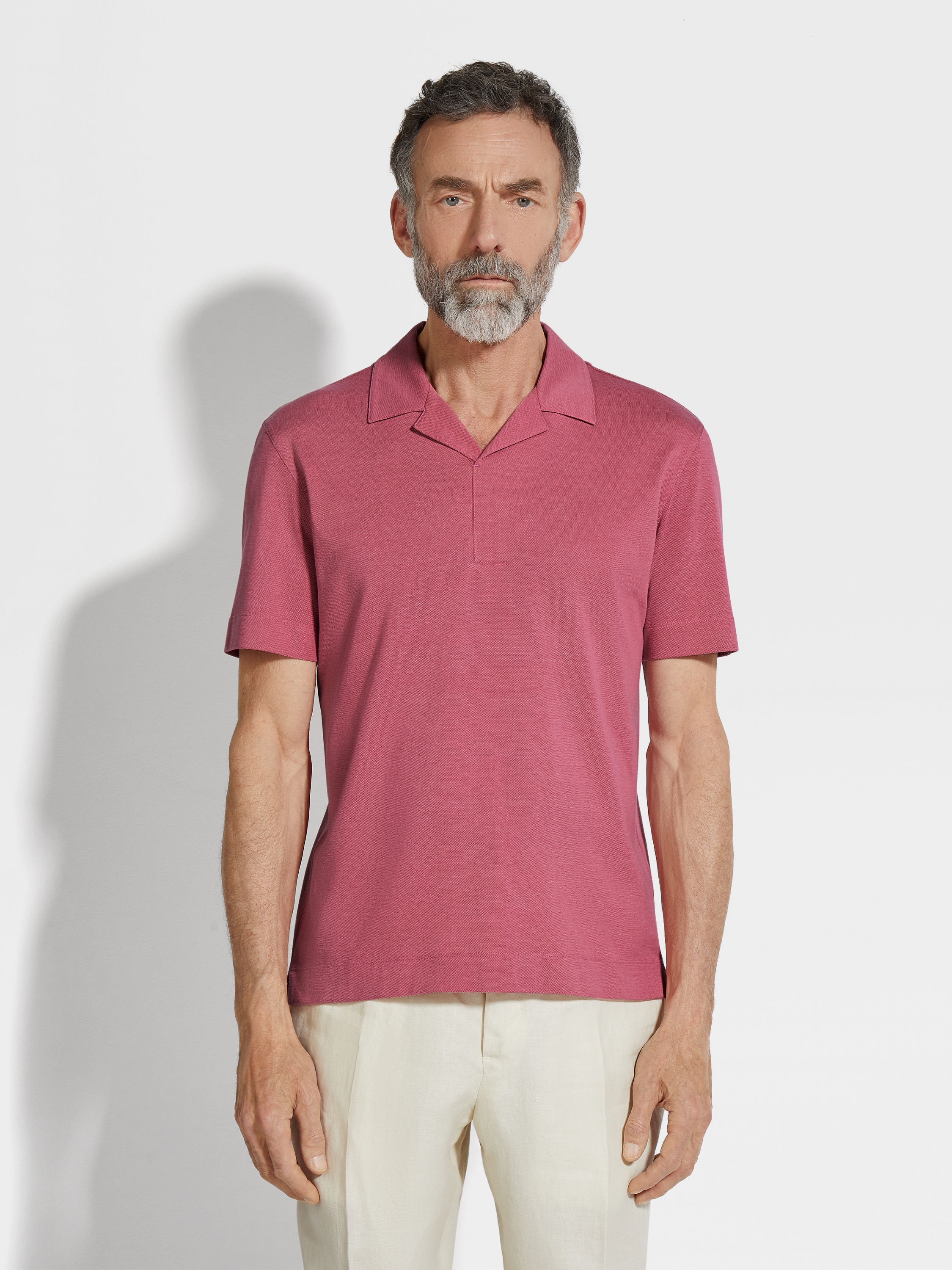 FUCHSIA SILK AND COTTON PIQUET POLO SHIRT - 4