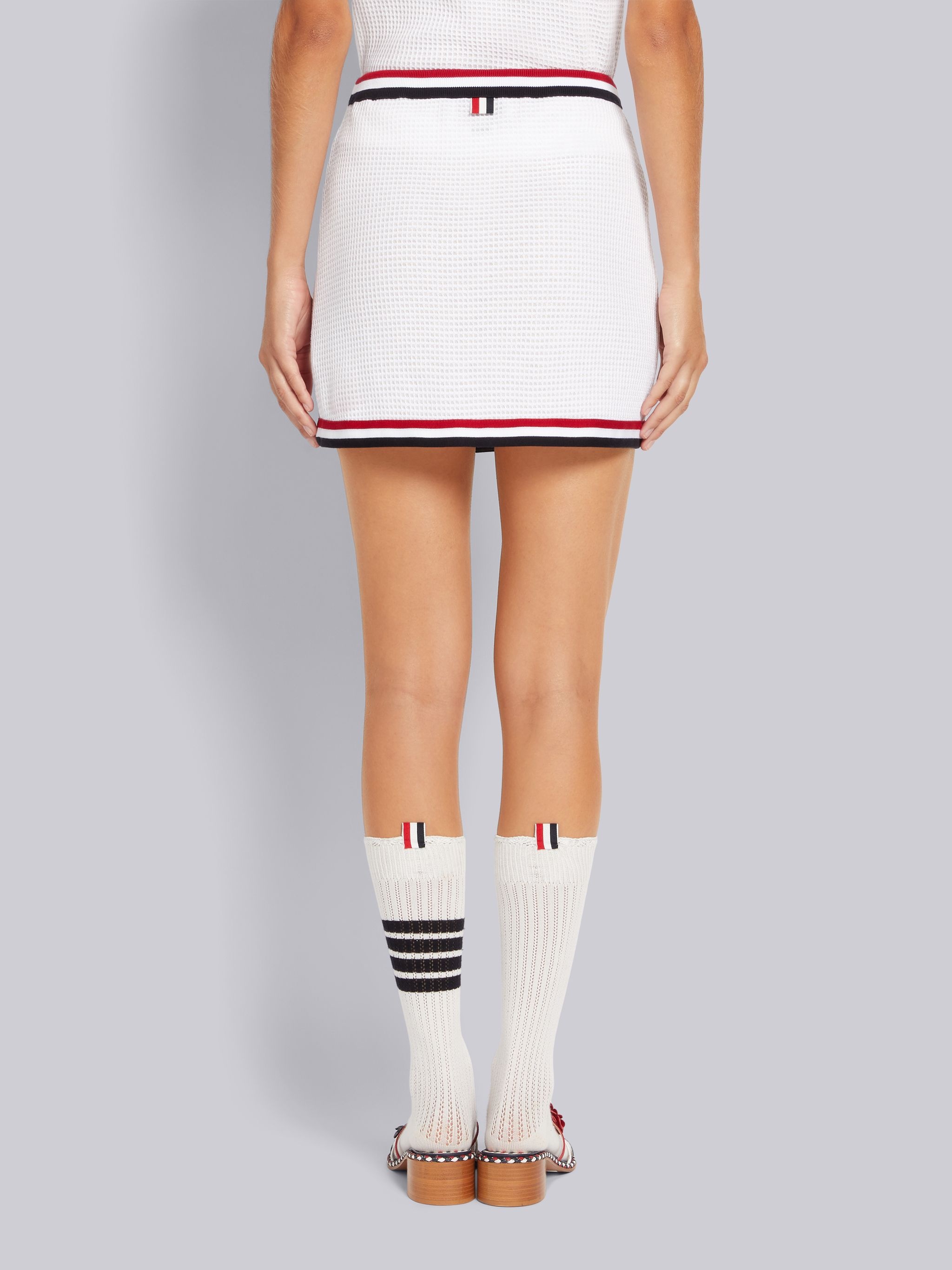 White Textured Bicolor Cotton Check Stripe Framing Mini Wrap Skirt - 3