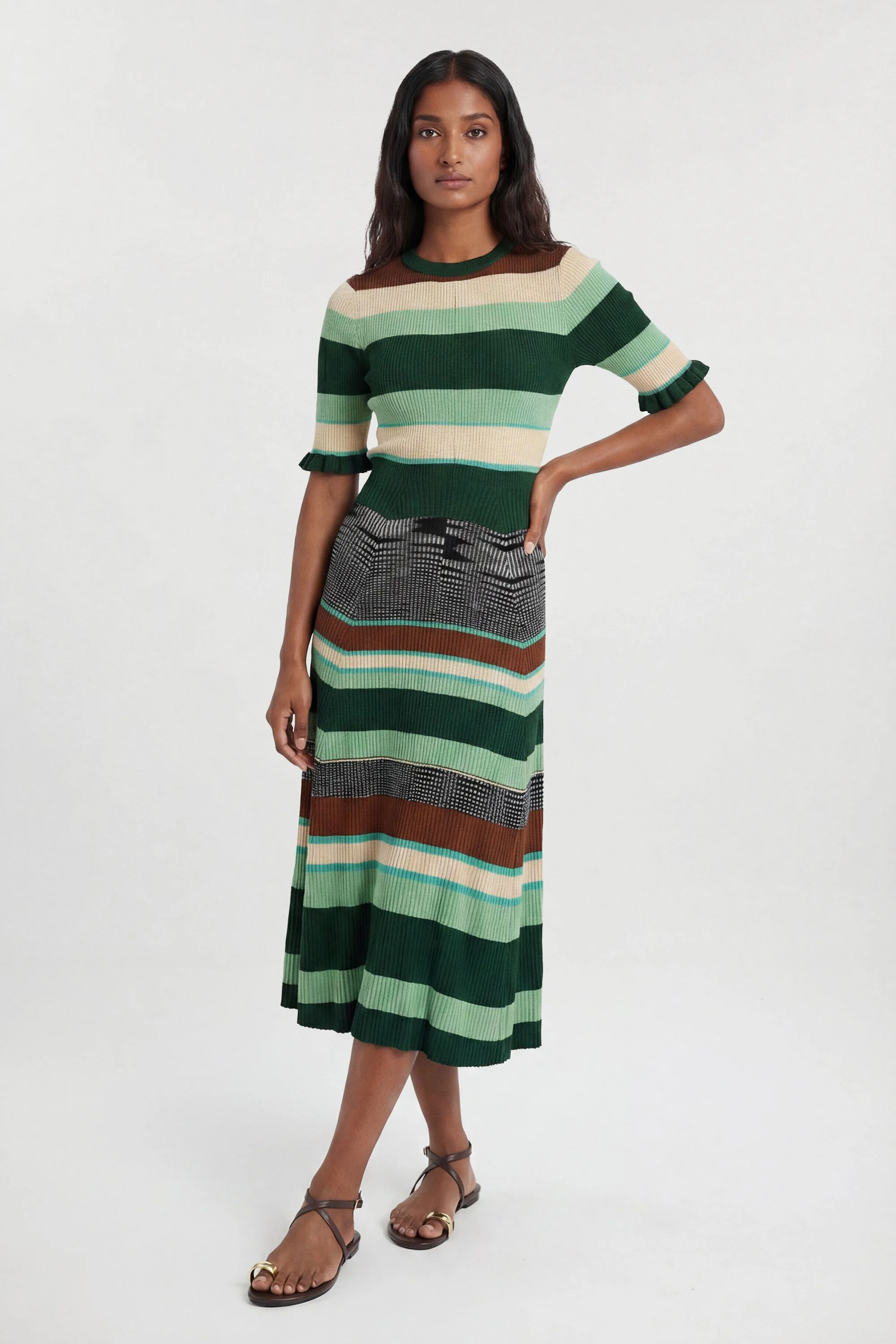 Petite Knit Jacquard Stripe Detail Short Sleeve Midi Dress - 1
