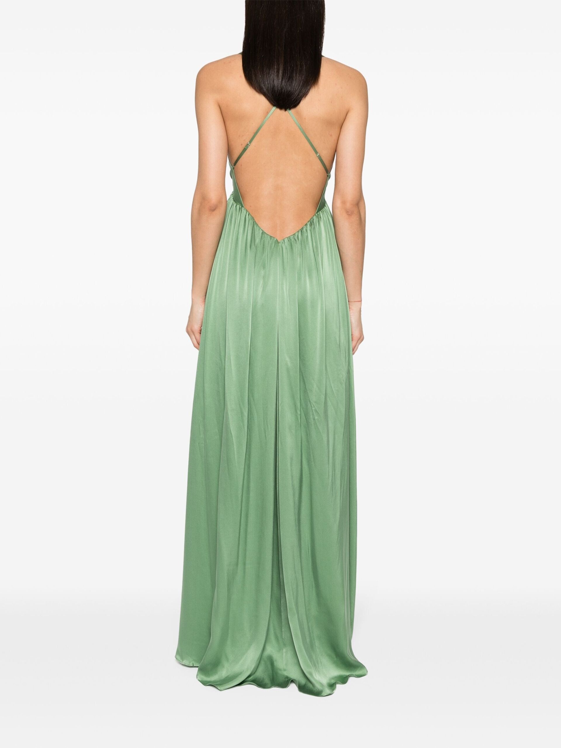 Green V-Neck Silk Maxi Dress - 4