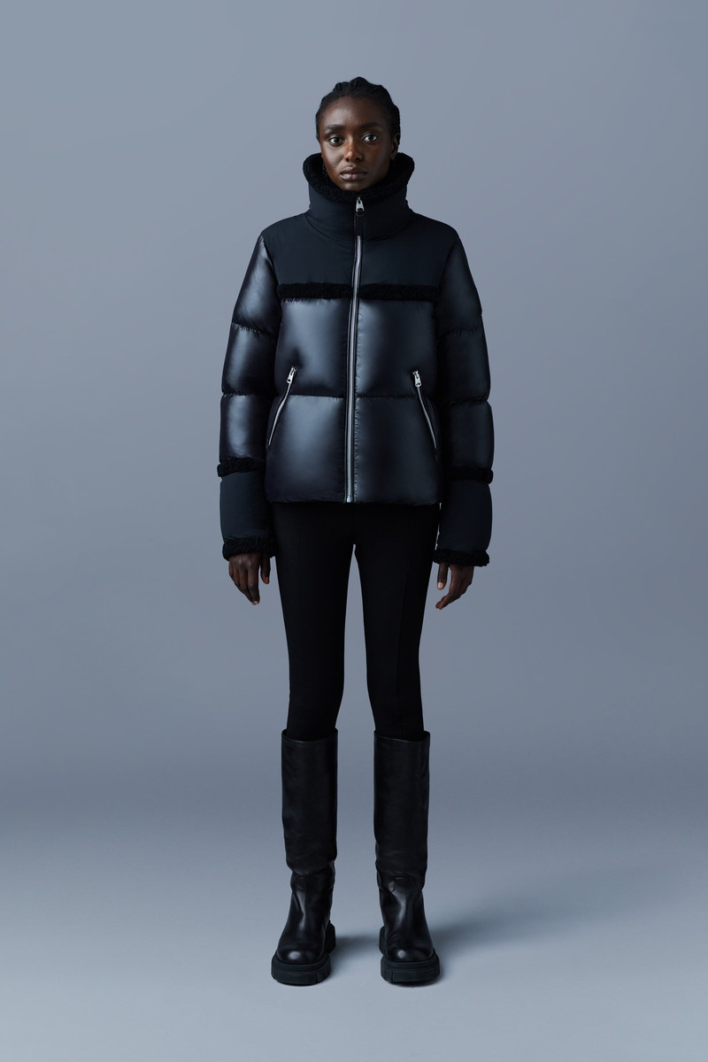 MACKAGE MIYA lustrous light down jacket with shearling trim outlook