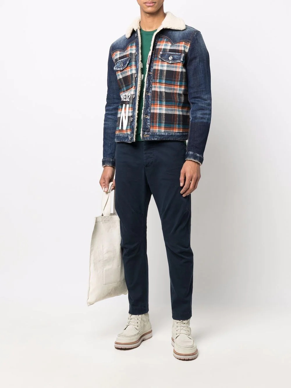 plaid-panelled denim jacket - 2