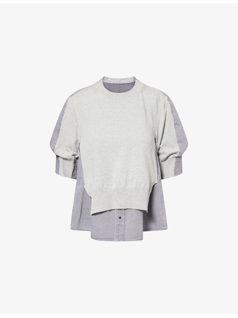 Short-Sleeve Layered Cotton-Knit and Denim Top 1